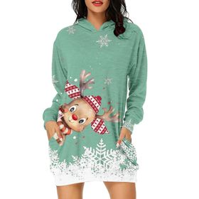 Generisch Noel Baskı 2025 Günlük Kış Kapüşonlu Uzun Kollu 3-Yeşil Kadın Sweatshirt