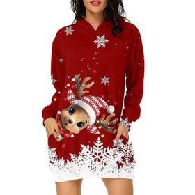 Generisch Noel Baskı 2025 Günlük Kış Kapüşonlu Uzun Kollu 4-Kırmızı Kadın Sweatshirt