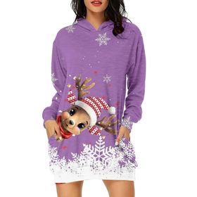 Generisch Noel Baskı 2025 Günlük Kış Kapüşonlu Uzun Kollu 4-Mor Kadın Sweatshirt