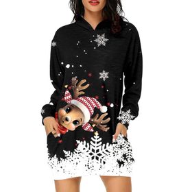 Generisch Noel Baskı 2025 Günlük Kış Kapüşonlu Uzun Kollu 4-Siyah Kadın Sweatshirt