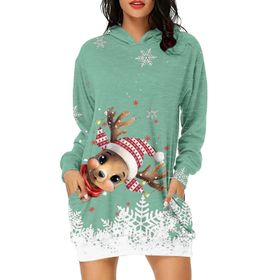 Generisch Noel Baskı 2025 Günlük Kış Kapüşonlu Uzun Kollu 4-Yeşil Kadın Sweatshirt