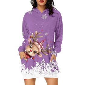 Generisch Noel Baskı 2025 Günlük Kış Kapüşonlu Uzun Kollu 5-Lila Kadın Sweatshirt