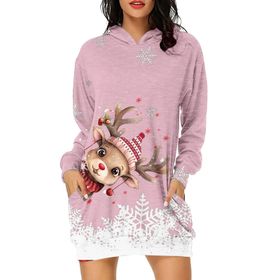 Generisch Noel Baskı 2025 Günlük Kış Kapüşonlu Uzun Kollu 5-Pembe Kadın Sweatshirt