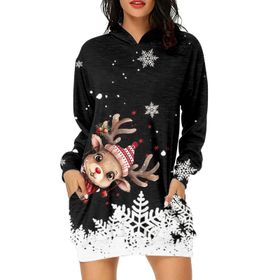 Generisch Noel Baskı 2025 Günlük Kış Kapüşonlu Uzun Kollu 5-Siyah Kadın Sweatshirt