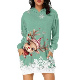 Generisch Noel Baskı 2025 Günlük Kış Kapüşonlu Uzun Kollu 5-Yeşil Kadın Sweatshirt