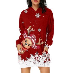 Generisch Noel Baskı 2025 Günlük Kış Kapüşonlu Uzun Kollu 6-Kırmızı Kadın Sweatshirt