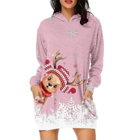 Generisch Noel Baskı 2025 Günlük Kış Kapüşonlu Uzun Kollu 6-Pembe Kadın Sweatshirt