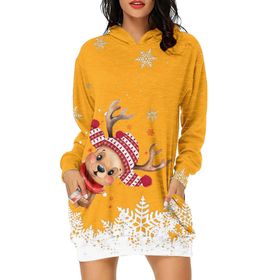 Generisch Noel Baskı 2025 Günlük Kış Kapüşonlu Uzun Kollu 6-Sarı Kadın Sweatshirt