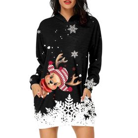 Generisch Noel Baskı 2025 Günlük Kış Kapüşonlu Uzun Kollu 6-Siyah Kadın Sweatshirt