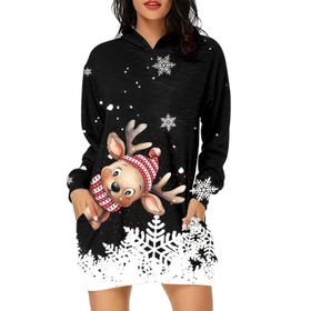 Generisch Noel Baskı 2025 Günlük Kış Kapüşonlu Uzun Kollu 7-Siyah Kadın Sweatshirt