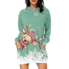 Generisch Noel Baskı 2025 Günlük Kış Kapüşonlu Uzun Kollu 7-Yeşil Kadın Sweatshirt