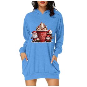 Generisch Noel Baskı 2025 Günlük Kış Kapüşonlu Uzun Kollu A-Mavi Kadın Sweatshirt