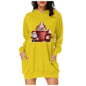 Generisch Noel Baskı 2025 Günlük Kış Kapüşonlu Uzun Kollu A-Sarı Kadın Sweatshirt