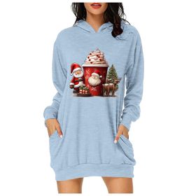 Generisch Noel Baskı 2025 Günlük Kış Kapüşonlu Uzun Kollu B-Açık Mavi Kadın Sweatshirt