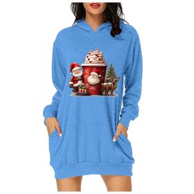 Generisch Noel Baskı 2025 Günlük Kış Kapüşonlu Uzun Kollu B-Mavi Kadın Sweatshirt