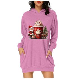 Generisch Noel Baskı 2025 Günlük Kış Kapüşonlu Uzun Kollu B-Pembe Kadın Sweatshirt