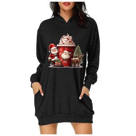 Generisch Noel Baskı 2025 Günlük Kış Kapüşonlu Uzun Kollu B-Siyah Kadın Sweatshirt