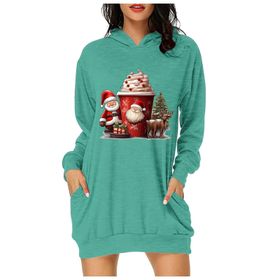 Generisch Noel Baskı 2025 Günlük Kış Kapüşonlu Uzun Kollu B-Yeşil Kadın Sweatshirt