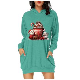 Generisch Noel Baskı 2025 Günlük Kış Kapüşonlu Uzun Kollu C-Yeşil Kadın Sweatshirt
