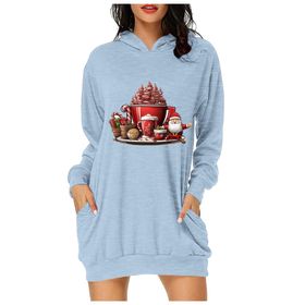 Generisch Noel Baskı 2025 Günlük Kış Kapüşonlu Uzun Kollu D-Açık Mavi Kadın Sweatshirt