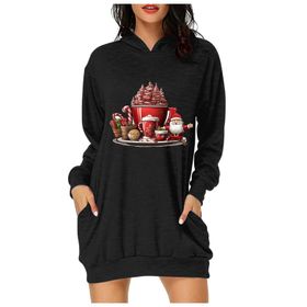 Generisch Noel Baskı 2025 Günlük Kış Kapüşonlu Uzun Kollu D-Siyah Kadın Sweatshirt