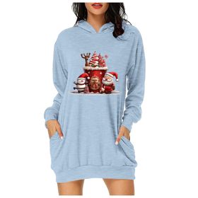 Generisch Noel Baskı 2025 Günlük Kış Kapüşonlu Uzun Kollu E-Açık Mavi Kadın Sweatshirt