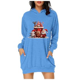 Generisch Noel Baskı 2025 Günlük Kış Kapüşonlu Uzun Kollu E-Mavi Kadın Sweatshirt