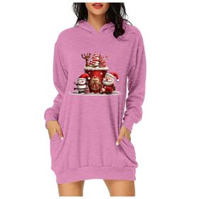 Generisch Noel Baskı 2025 Günlük Kış Kapüşonlu Uzun Kollu E-Pembe Kadın Sweatshirt