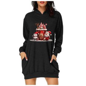 Generisch Noel Baskı 2025 Günlük Kış Kapüşonlu Uzun Kollu E-Siyah Kadın Sweatshirt