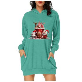 Generisch Noel Baskı 2025 Günlük Kış Kapüşonlu Uzun Kollu E-Yeşil Kadın Sweatshirt