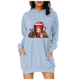 Generisch Noel Baskı 2025 Modern Kapüşonlu Uzun Kollu Açık Mavi 5 Kadın Sweatshirt