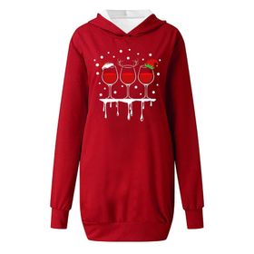 Generisch Noel Baskı 2025 Modern Kapüşonlu Uzun Kollu Kırmızı-B Kadın Sweatshirt