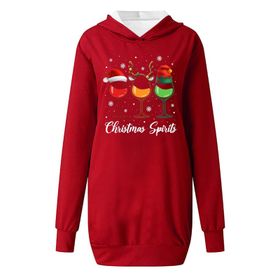 Generisch Noel Baskı 2025 Modern Kapüşonlu Uzun Kollu Kırmızı Kadın Sweatshirt