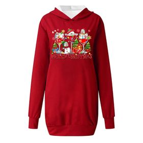 Generisch Noel Baskı 2025 Modern Kapüşonlu Uzun Kollu Kırmızı Kadın Sweatshirt