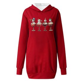 Generisch Noel Baskı 2025 Modern Kapüşonlu Uzun Kollu Kırmızı Kadın Sweatshirt