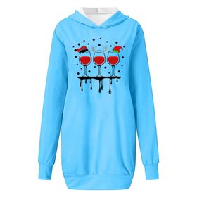 Generisch Noel Baskı 2025 Modern Kapüşonlu Uzun Kollu Mavi-B Kadın Sweatshirt