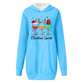 Generisch Noel Baskı 2025 Modern Kapüşonlu Uzun Kollu Mavi-C Kadın Sweatshirt