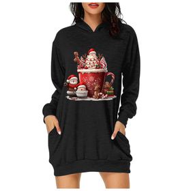 Generisch Noel Baskı 2025 Modern Kapüşonlu Uzun Kollu Siyah 1 Kadın Sweatshirt