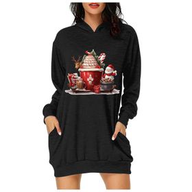 Generisch Noel Baskı 2025 Modern Kapüşonlu Uzun Kollu Siyah 2 Kadın Sweatshirt