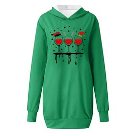 Generisch Noel Baskı 2025 Modern Kapüşonlu Uzun Kollu Yeşil-B Kadın Sweatshirt
