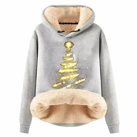 Generisch Noel Baskılı 2025 Boş Zaman Kapüşonlu Uzun Kollu Açık Gri-A Kadın Sweatshirt
