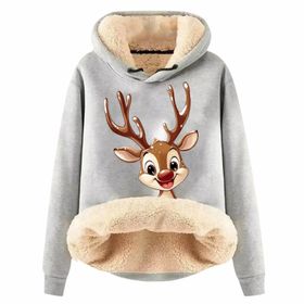 Generisch Noel Baskılı 2025 Boş Zaman Kapüşonlu Uzun Kollu Açık Gri-C Kadın Sweatshirt
