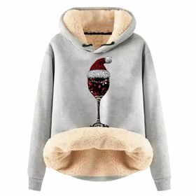 Generisch Noel Baskılı 2025 Boş Zaman Kapüşonlu Uzun Kollu Açık Gri-E Kadın Sweatshirt