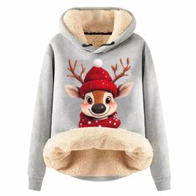 Generisch Noel Baskılı 2025 Boş Zaman Kapüşonlu Uzun Kollu Açık Gri-İ Kadın Sweatshirt