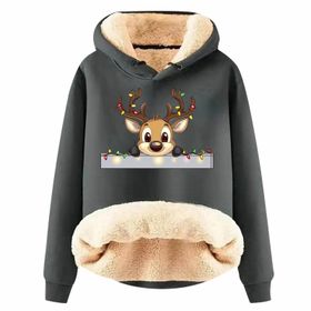 Generisch Noel Baskılı 2025 Boş Zaman Kapüşonlu Uzun Kollu Koyu Gri-B Kadın Sweatshirt