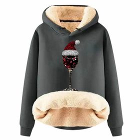 Generisch Noel Baskılı 2025 Boş Zaman Kapüşonlu Uzun Kollu Koyu Gri-E Kadın Sweatshirt