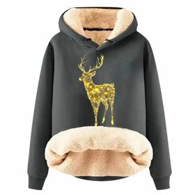 Generisch Noel Baskılı 2025 Boş Zaman Kapüşonlu Uzun Kollu Koyu Gri-F Kadın Sweatshirt