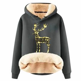 Generisch Noel Baskılı 2025 Boş Zaman Kapüşonlu Uzun Kollu Koyu Gri-G Kadın Sweatshirt