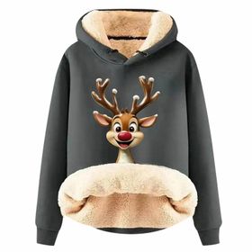Generisch Noel Baskılı 2025 Boş Zaman Kapüşonlu Uzun Kollu Koyu Gri-H Kadın Sweatshirt