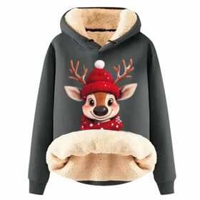 Generisch Noel Baskılı 2025 Boş Zaman Kapüşonlu Uzun Kollu Koyu Gri-İ Kadın Sweatshirt